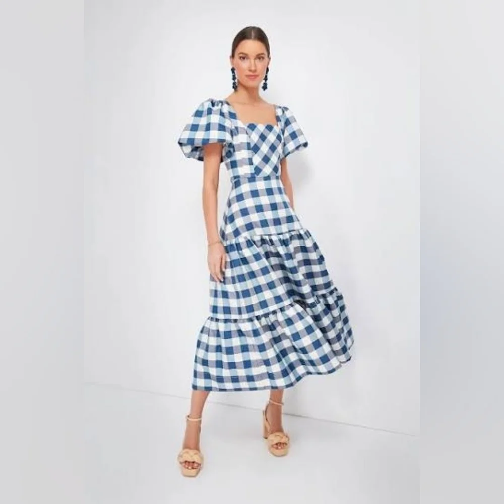 Hunter Bell Cassidy Blue and White Gingham Midi Dress Size 2 - Picture 3 of 8